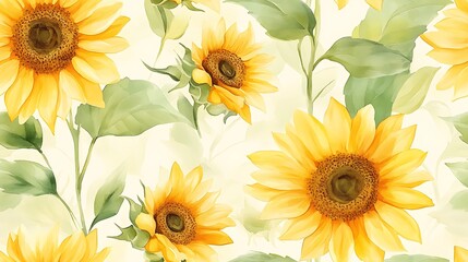 Obraz premium Elegant sunflower floral motif, seamless watercolor composition, pastel yellow blooms with soft sage green leaves, airy botanical textures, delicate artistic brushstrokes, tranquil and warm ambiance,