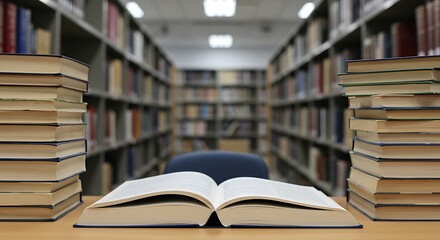 Fototapeta premium Open Textbook and Stacked Literature in a Library – Academic Learning and Research
