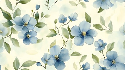 Fototapeta premium Elegant watercolor floral pattern featuring tiny jasmine blossoms, soft pastels of blue and green, delicate brushstroke details, seamless design for fabric and wallpaper, airy botanical textures,