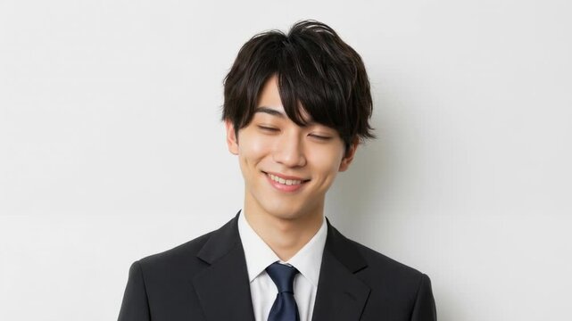 白バック。スーツ姿の若い日本人の笑顔
