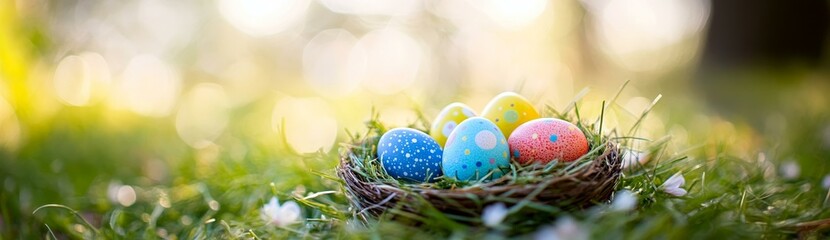 Easter Eggs Nest in Spring Meadow