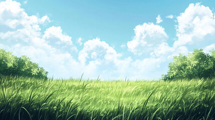 Obraz premium A vibrant green field with fluffy white clouds and blue sky