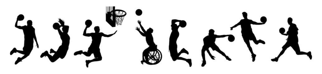 Silhouettes of different sports men, woman, disabled person in wheelchair basketball players. Professional sportsmen with ball, basket with net and shield. Vector isolated