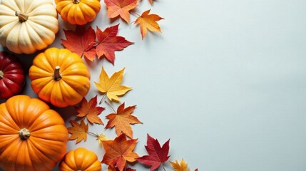 Autumnal Harvest Abundance Colorful Pumpkins and Vibrant Fall Leaves on a Light Blue Background
