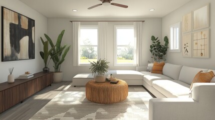 Fototapeta premium Modern Living Room With White Sofa And Cozy Decor, Plants, And Natural Light.