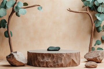 Natural Stone Display Platform with Eucalyptus