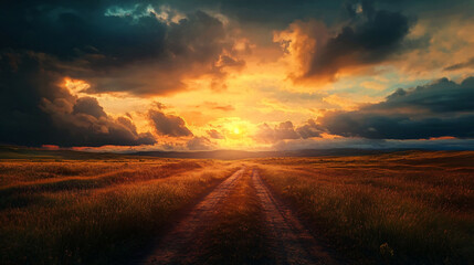 A dirt road leads toward a glorious sunset in the sky