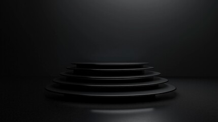 Black and white photograph of a stack of circular objects on a dark surface.