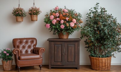 Fototapeta premium Elegant Room with Wooden Flooring and Floral Accents
