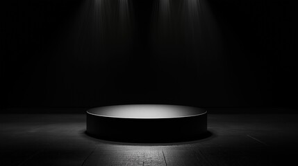 Black and white photograph of a round, circular object in the center of a dark room. the object appears to be made of a smooth, shiny material and is placed on a wooden floor.