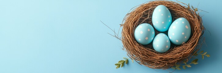Obraz premium Easter Eggs in a Nest on a Light Blue Background