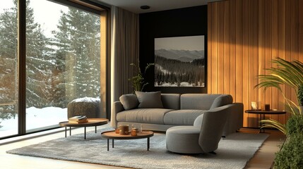 Modern Cozy Living Room with Snowy Landscape View