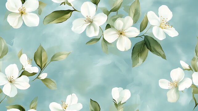 Minimalist jasmine floral pattern, hand-painted watercolor effect, tiny white flowers scattered over a pastel sky-blue background, elegant soft green foliage, flowing organic forms,