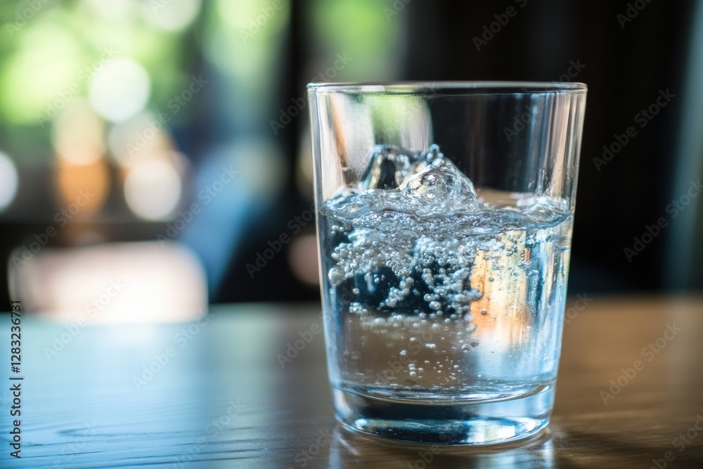 Aufkleber bubbles rising in a glass of sparkling water placed on a wooden table in a well lit environment. gen