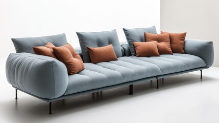 Modern Light Gray Fabric Sofa with Terracotta Pillows