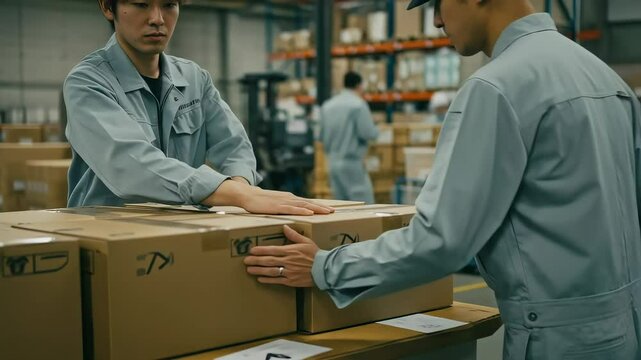 荷運びの準備をする男性倉庫作業員