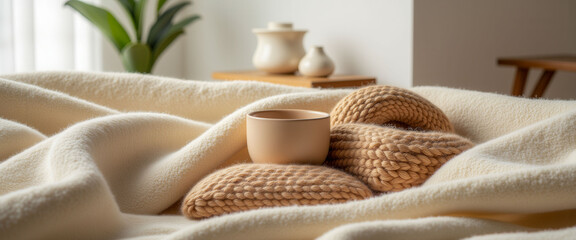 A white blanket with a bowl and two pillows on it. The bowl is empty and the pillows are arranged in a way that they look like they are hugging each other. The scene gives off a cozy
