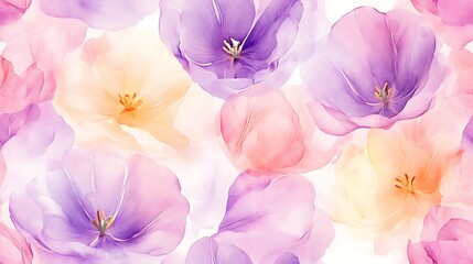 Romantic tulip bloom pattern, seamless watercolor floral design, pastel lavender, pink, and butter yellow hues, ethereal botanical elegance, dreamy hand-painted textures, flowing airy movement,
