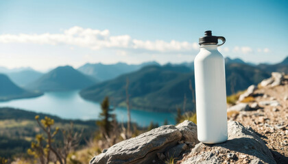 White water bottle - mockup for text or logo, leaning on a rock on a hiking trail, mountains in the background, bright sunny day with clouds