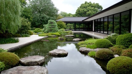 Serene Japanese garden pond, modern building background, peaceful landscape, ideal for relaxation