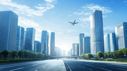 Fototapeta premium Modern Cityscape: Airplane Soaring Over Urban Skyline