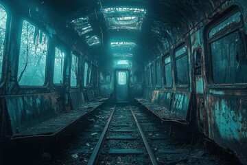 Obraz premium Abandoned railroad interior slung derelict forsaken outcast