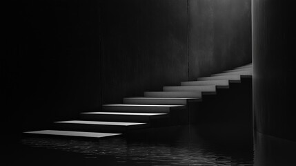 Fototapeta premium Black and white photograph of a set of stairs in a dark room. the stairs are made of concrete and are arranged in a straight line, with the top step slightly higher than the bottom step.