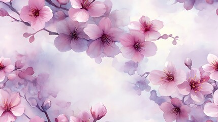 Fototapeta premium Tranquil cherry blossom watercolor pattern, soft pink florals in a seamless floating arrangement, pastel lavender and cream background, airy hand-painted brushstrokes, delicate botanical elements,