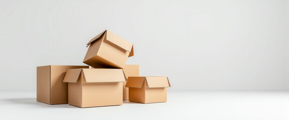 A stack of cardboard boxes with one of them being upside down. The boxes are all different sizes and are piled on top of each other