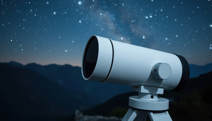 Side view, white clean large telescope - mockup for text or logo, near lens, against the background of starry night sky, mountain top
