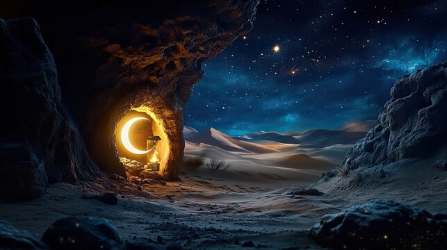 A crescent lantern glowing within a rocky cave opening