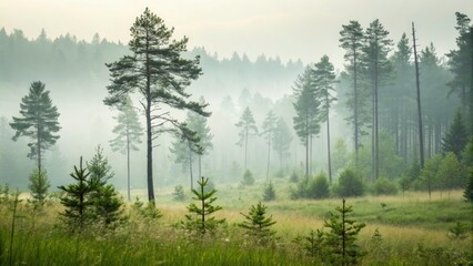 Obraz premium Misty Forest Abstract Background, Soft Green Nature, Blurred Trees, Copy Space, Logo Design, Rule of Thirds Composition