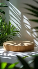 Wooden Display Platform with Tropical Plants and Shadows