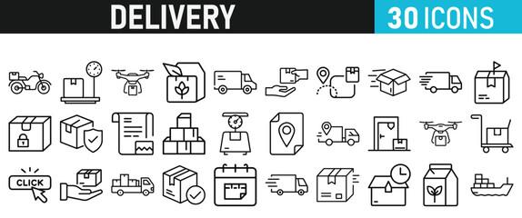 Delivery service icon set. Order tracking, delivery home, warehouse, truck, scooter, courier and cargo icons vector collection 