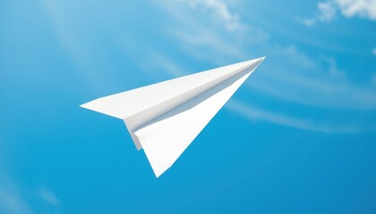 Photorealistic close-up of a perfectly folded white paper airplane - mockup for text or logo, soaring against a clear blue sky. The sky is a clear, graduated blue with a few wispy cirrus clouds high