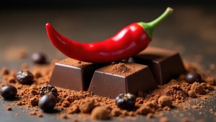 Aromatic Dark Chocolate Squares Dusted with Cocoa Powder and Topped with a Vibrant Red Chili Pepper