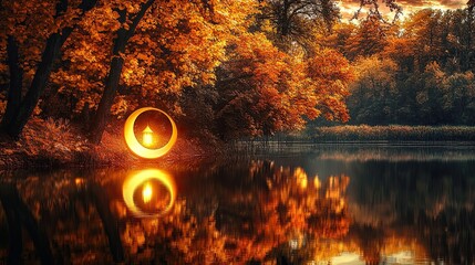A crescent lantern reflecting softly in a calm lake overlooked by vibrant autumn trees