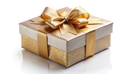 Gold Gift Box with Bow on White Background
