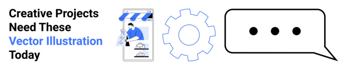 Mobile storefront design with gear and speech bubble elements highlighting online tools, collaboration, technology, and creative workflows. Ideal for e-commerce, teamwork, automation, innovation