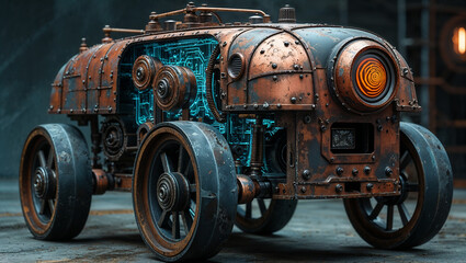 Steampunk vehicle showing futuristic technology with glowing blue lights