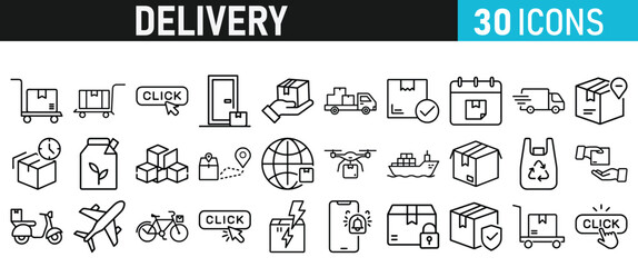 Delivery service icon set. Order tracking, delivery home, warehouse, truck, scooter, courier and cargo icons vector collection 