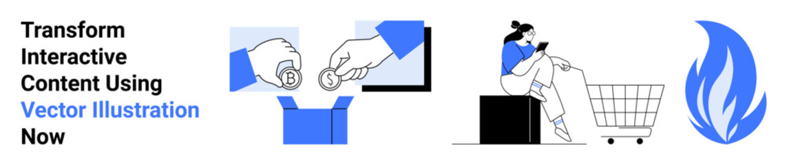 Hand exchanging cryptocurrency, woman using mobile near shopping cart, flame graphic. Ideal for e-commerce, fintech, creative solutions, content marketing, digital tools, innovation campaigns flat