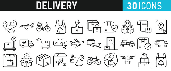 Delivery service icon set. Order tracking, delivery home, warehouse, truck, scooter, courier and cargo icons vector collection 