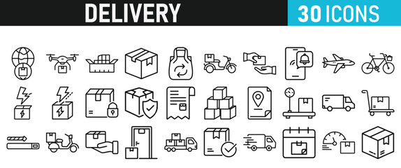 Delivery service icon set. Order tracking, delivery home, warehouse, truck, scooter, courier and cargo icons vector collection 
