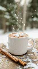 Cozy winter warmth: steaming hot chocolate with marshmallows on wooden table