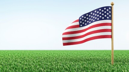 American Flag Waving in a Verdant Field Under a Clear Blue Sky