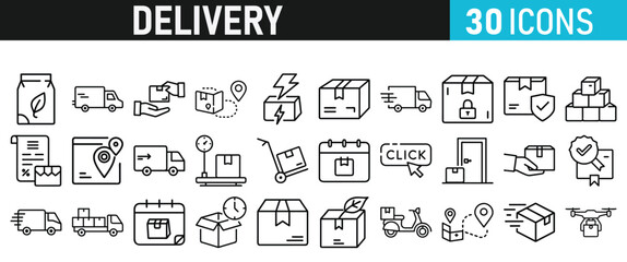 Fototapeta premium Delivery service icon set. Order tracking, delivery home, warehouse, truck, scooter, courier and cargo icons vector collection 