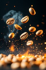 Captivating Coffee Beans Adrift in a Fiery Vortex of Dynamic Contrast and Movement