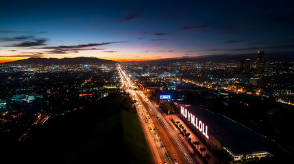 Aerial View Of City Lights And Road During Twilight Hour With Orange Blue Sky