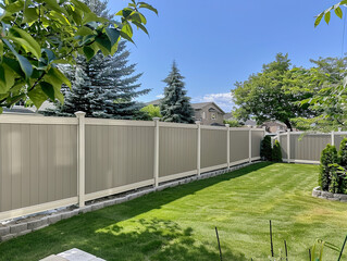 Gray & White Vinyl Fence with Tan Accents
